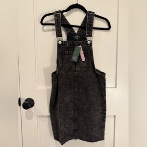 WILD FABLE Black Wash Denim Pinafore Frayed Hem Overall Dress XS NWT